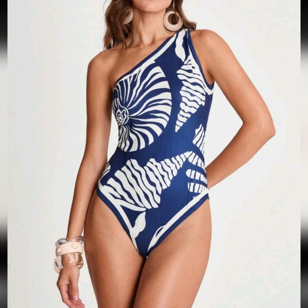 Navy and White One-Shoulder Swimsuit